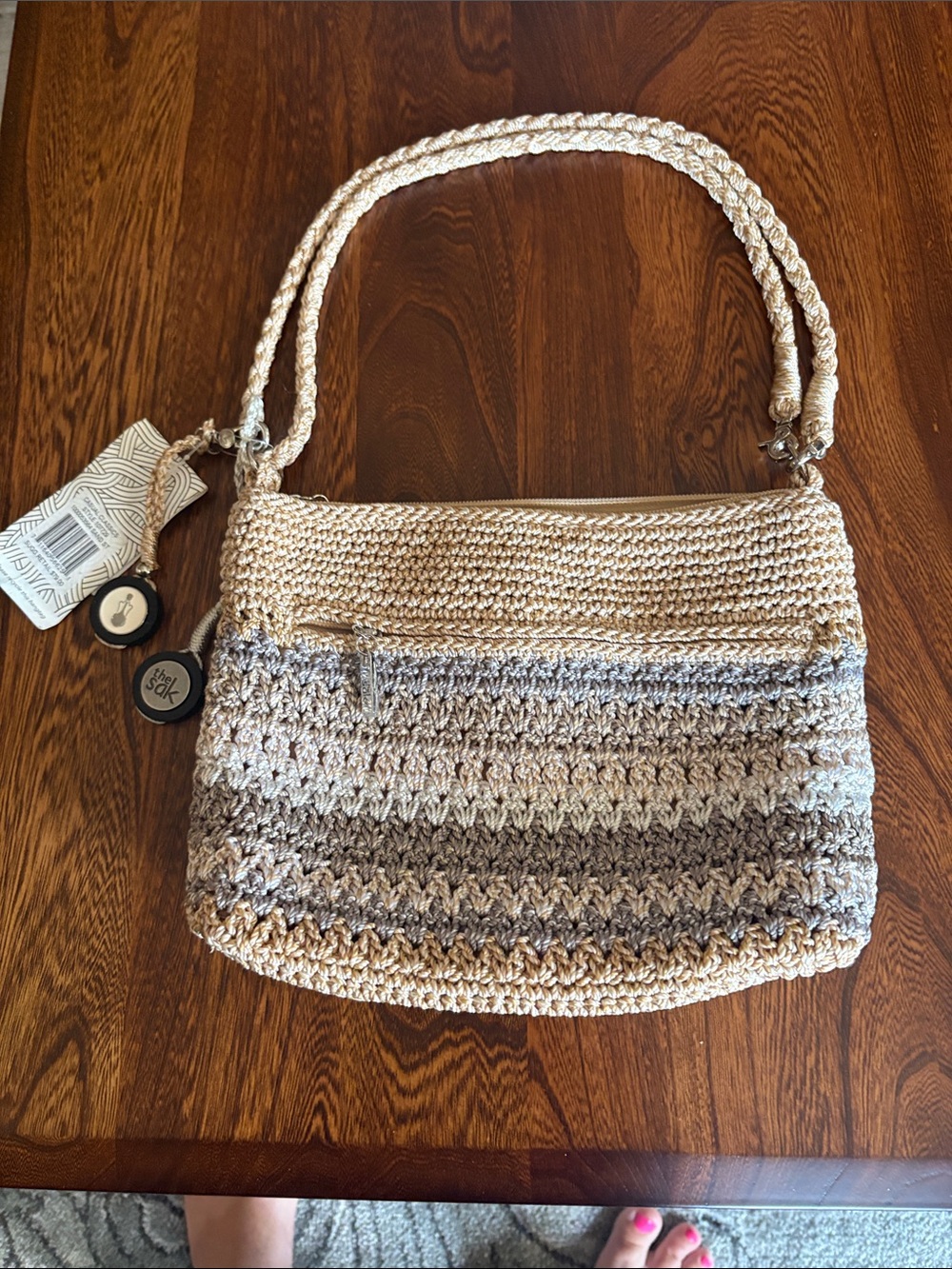 The Sak Crochet Shoulder Bag in Beige and Gray